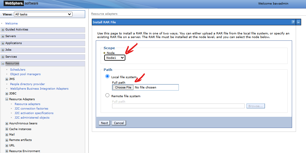 IBM WebSphere Resource Adapters - setting data in step one