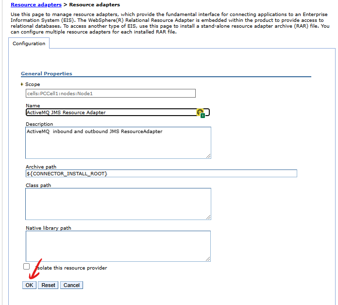 IBM WebSphere Resource adapters - ustawianie danych kroku drugiego