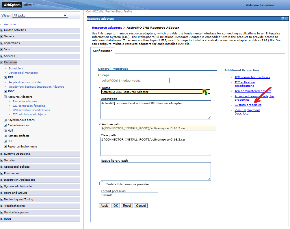 IBM WebSphere Resource adapters - Custom properies