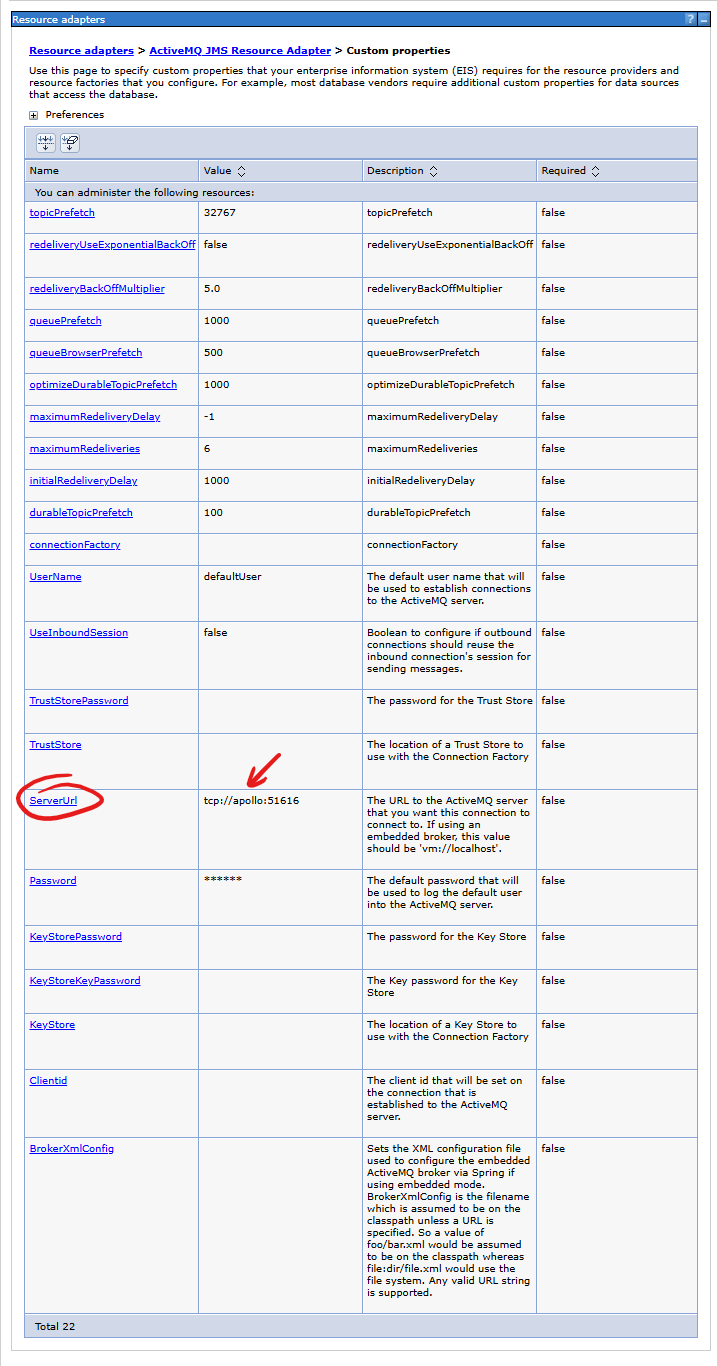 IBM WebSphere Resource adapters - ustawianie parametru ServerUrl