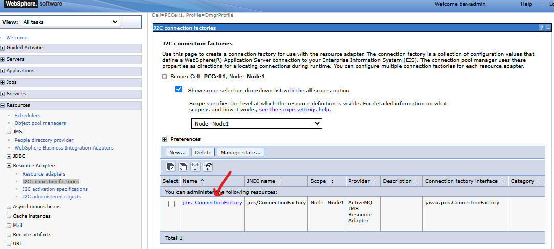 IBM WebSphere Resource J2C connection factories